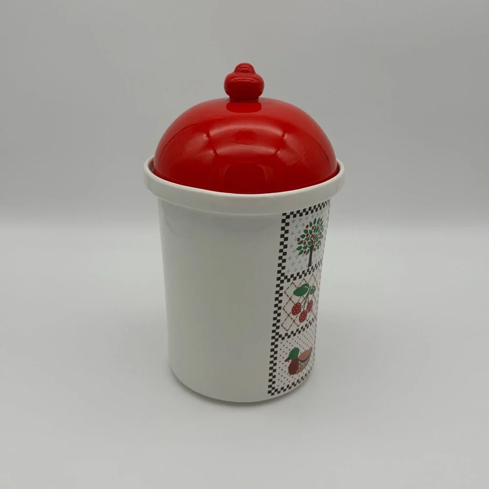 Vintage Decorative Canister w Red Dome Lid with Country Patchwork Themed Motif